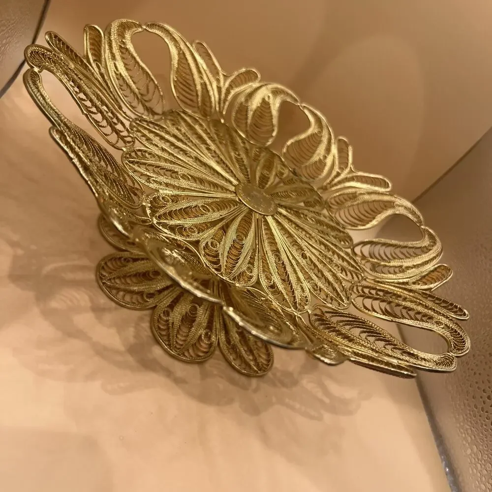 Vtg Gold Tone Peacock Filigree Islamic Ottoman Ronac Handicraft Tray Dish Decor